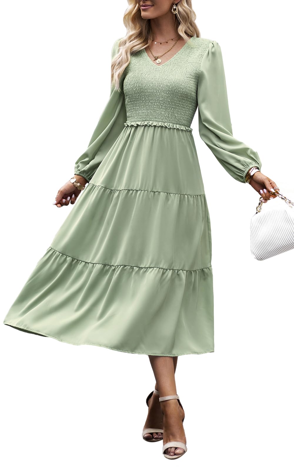 Women's 2025 Casual Long Sleeve Midi Dress - Crew Neck, High Waist, Tiered & Smocked Design for Spring & Fall | Perfect for Office, Date Night & Weekend Outings