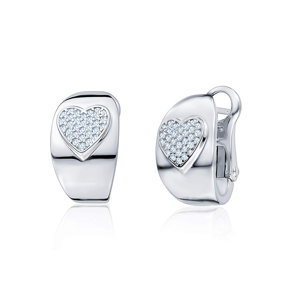 Sterling Silver Wide Hoop Huggie Earrings with Simulated Diamonds & Heart Design - Polished Shiny French Clip for Women - Perfect for Date Night, Parties & Special Occasions