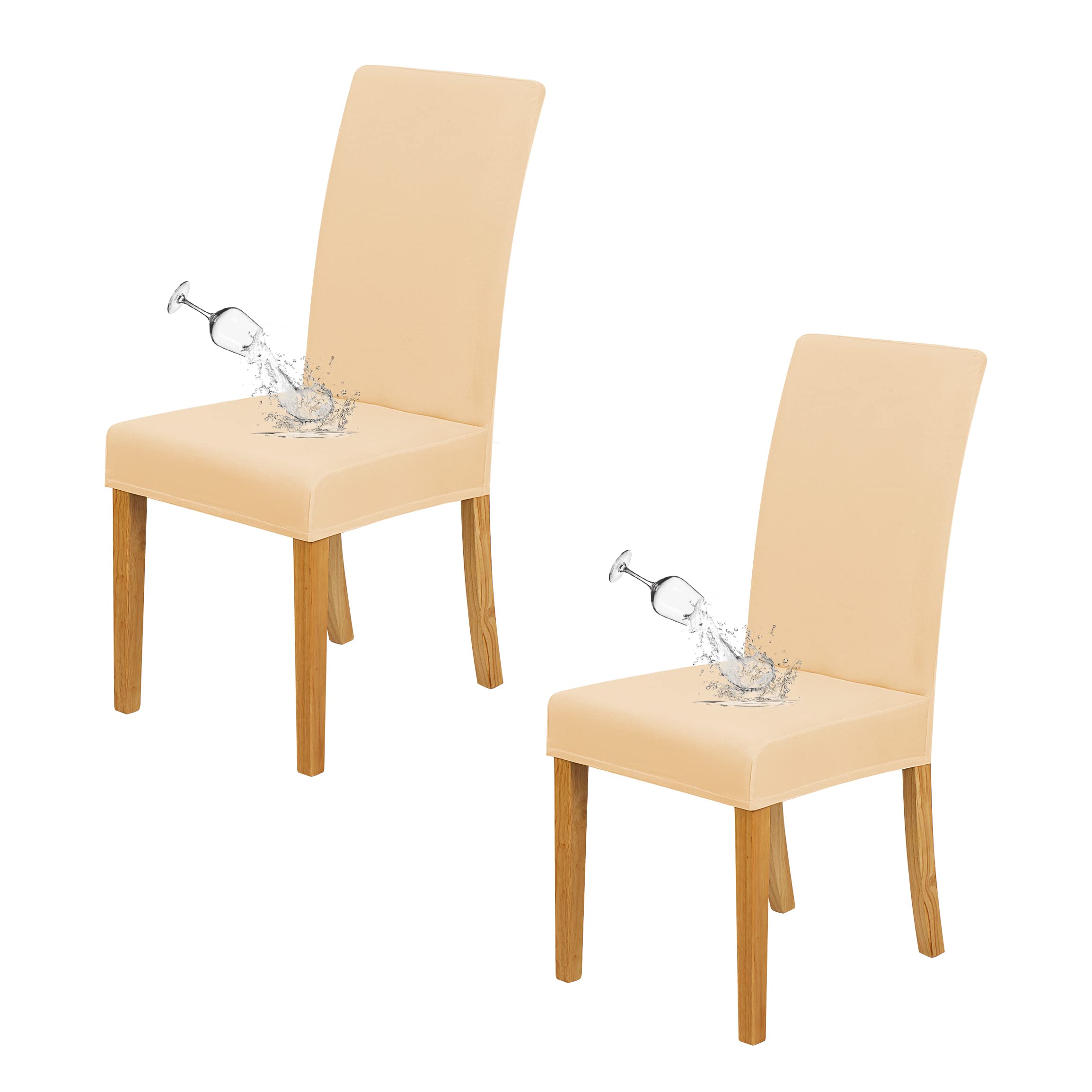 DASORY Waterproof Stretch Spandex Dining Chair Covers - Set of 2 Beige Slipcovers for Parsons Chairs | Spill-Resistant & Easy Clean | Perfect for Dining Room, Kitchen, and Home Decor