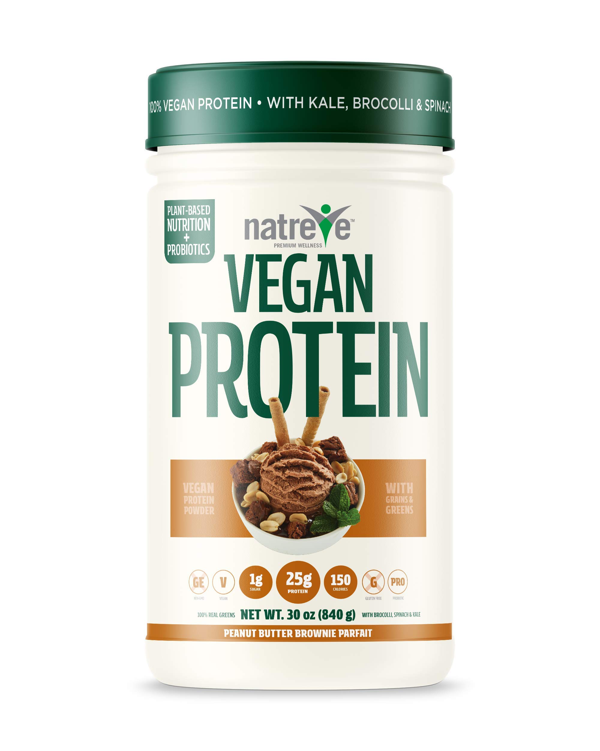 Natreve Vegan Protein Powder - Gluten Free, Non-GMO, Plant-Based Protein with Vegetables - 30oz (Peanut Butter Parfait Flavor) | Perfect for Post-Workout Recovery & Healthy Smoothies