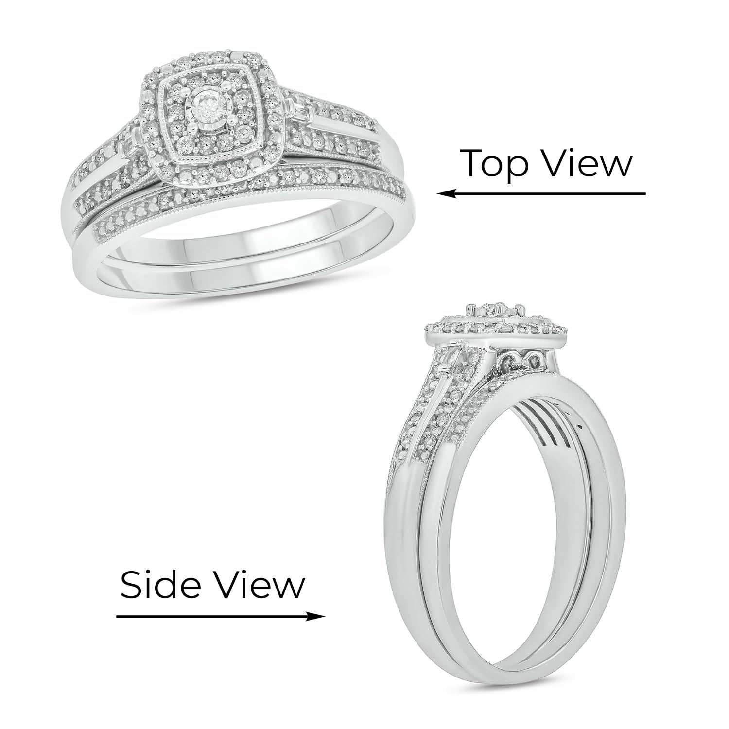 1/3 Carat Diamond Square Halo Engagement Ring & Wedding Band Set for Women in 925 Sterling Silver - Elegant Bridal Jewelry for Proposals, Anniversaries & Special Occasions