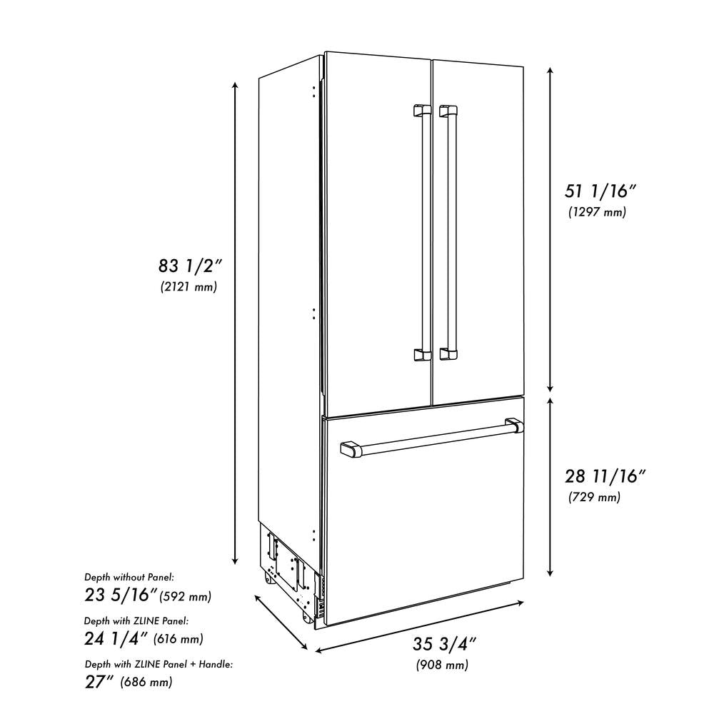 ZLINE Autograph Edition 36 Inch French Door Built-In Refrigerator - 19.6 cu ft Capacity, Bottom Freezer, Water Dispenser & Ice Maker - White Matte with Champagne Bronze Accents (RBIVZ WM 36 CB) | Perfect for Modern Kitchens, Open-Concept Homes & Luxury Appliance Upgrades