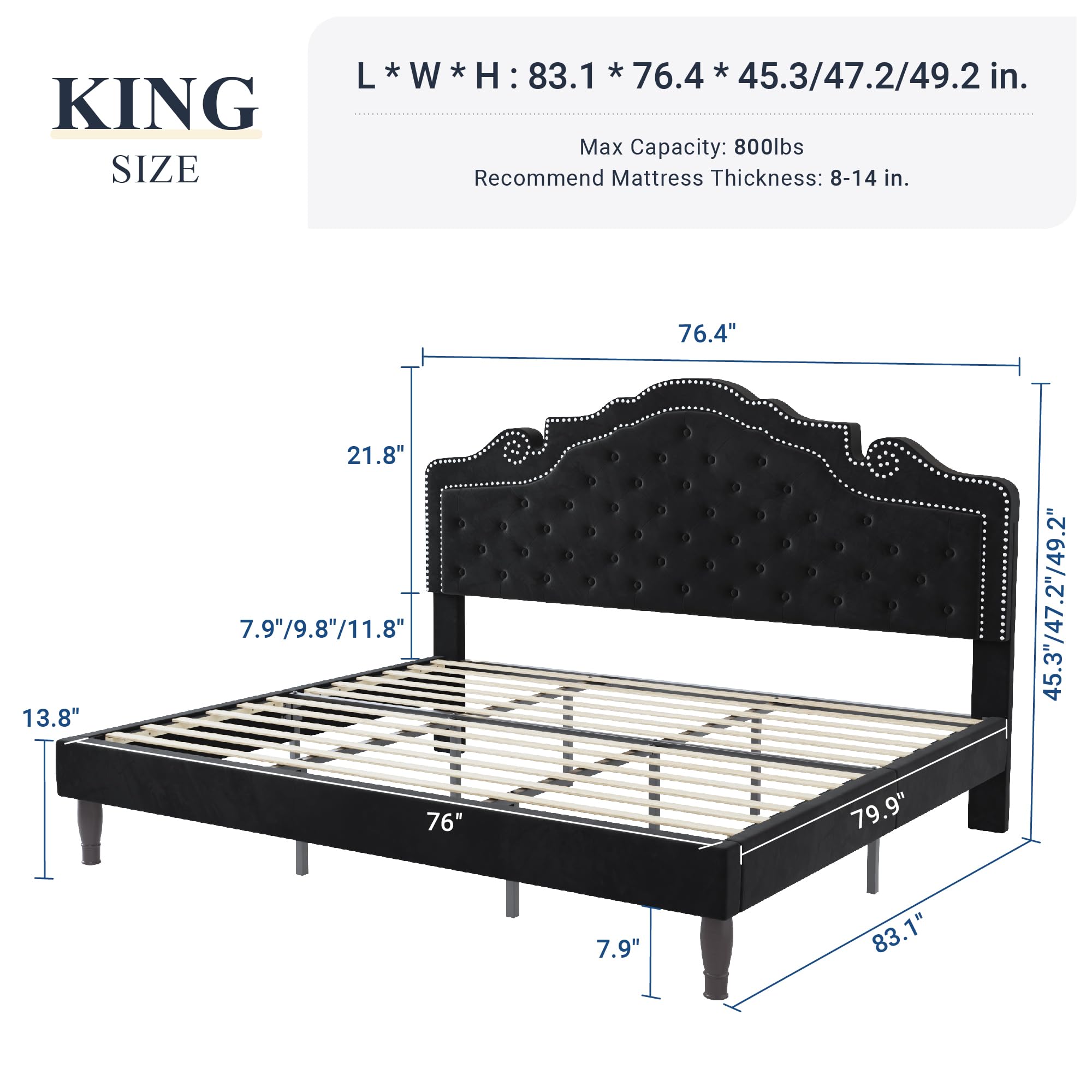 Allewie King Size Platform Bed Frame with Adjustable Velvet Tiara Headboard - Upholstered Diamond Button Tufted Design, Wood Slat Support, No Box Spring Needed - Easy Assembly Mattress Foundation in Black | Perfect for Master Bedrooms & Modern Home Decor