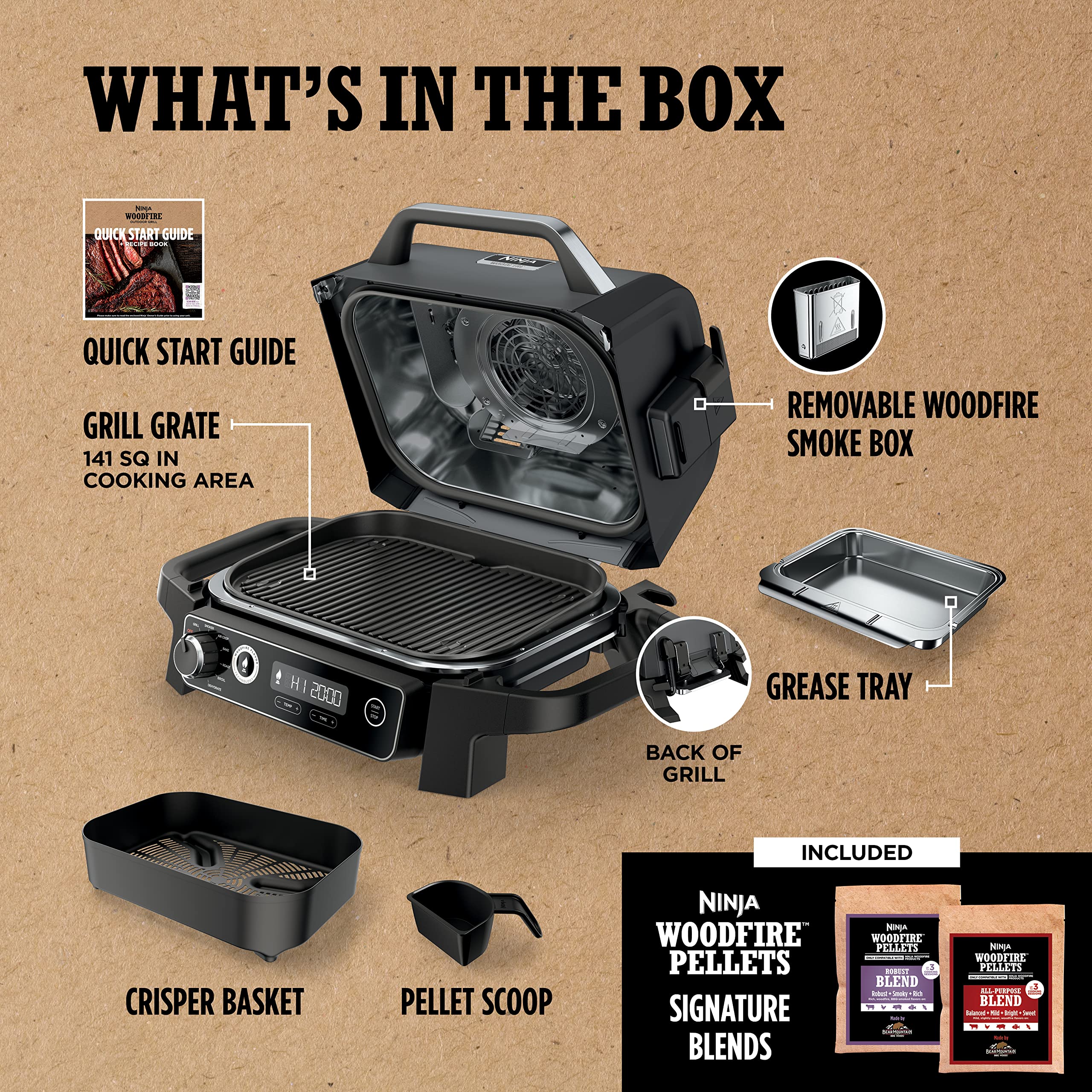 Ninja Woodfire Pro 7-in-1 Electric Outdoor Grill & Smoker with Thermometer - Portable BBQ Smoker, Air Fryer, Oven for Baking, Roasting, Dehydrating & Broiling - Includes Ninja Woodfire Pellets (Grey, OG751BRN) - Perfect for Backyard BBQs, Camping & Outdoor Cooking