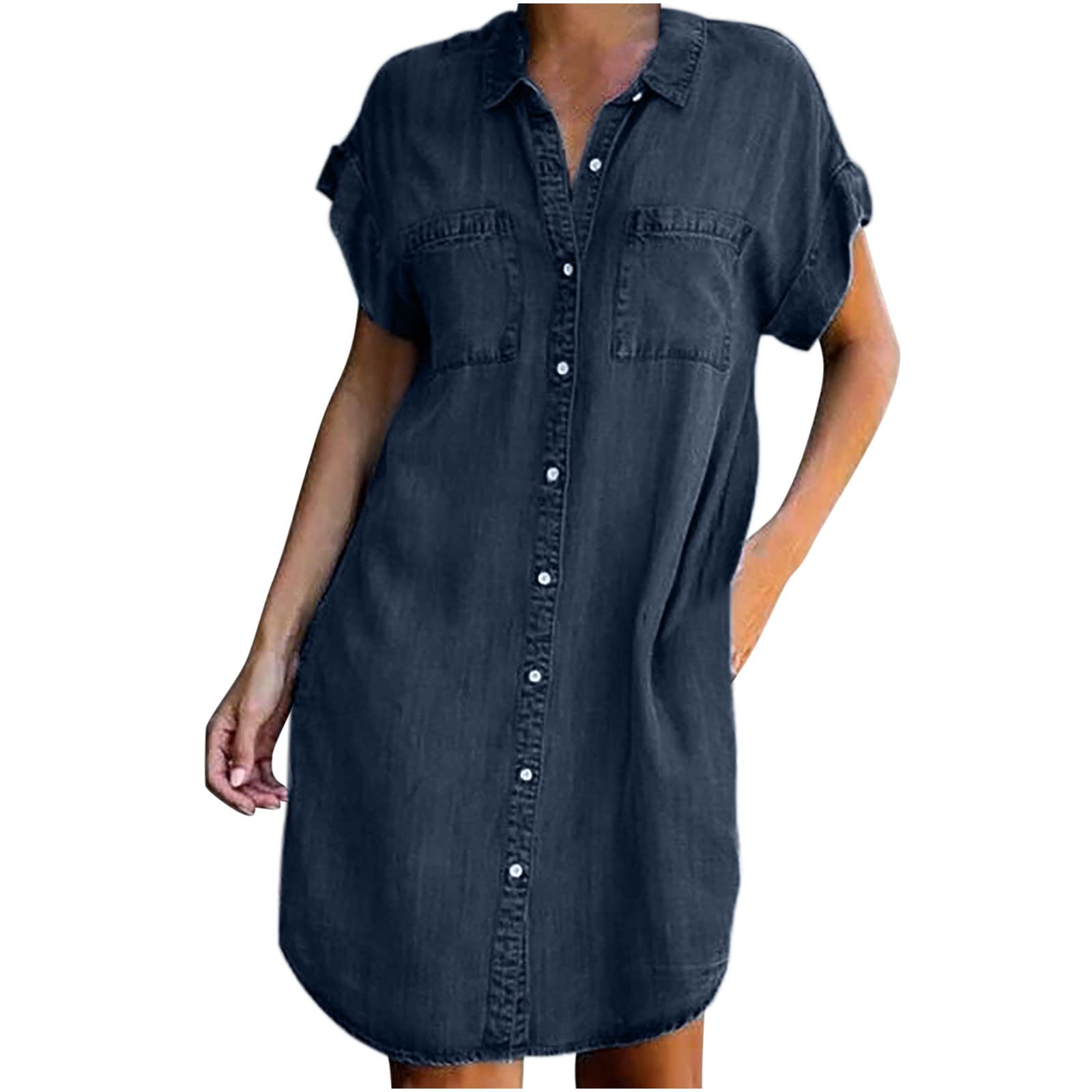 Women's Casual Denim Shirt Dress - Short Sleeve Lapel Button Down Midi Dress with Pockets | Loose Fit Shift Dress for Summer | Perfect for Beach, Brunch and Everyday Wear