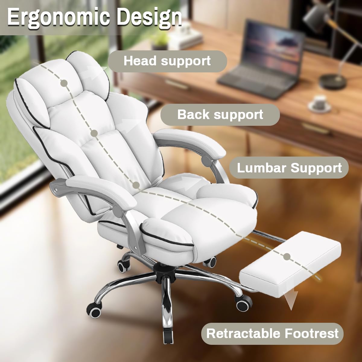 Ergonomic High Back Office Chair with Foot Rest & Wheels - Reclining Executive Desk Chair for Gaming, Work & Home Office - Comfortable Leather Computer Chair for Long Hours Sitting