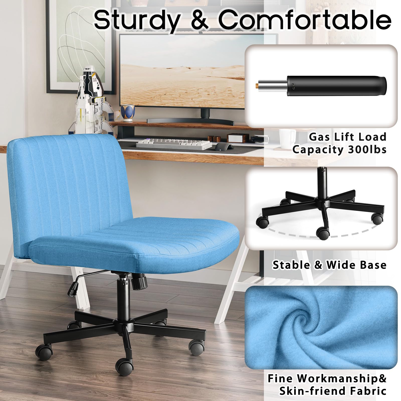 PUKAMI Criss Cross Chair with Wheels - Fabric Padded Armless Cross Legged Office Desk Chair for Home Office - Modern Swivel Height Adjustable Wide Seat Computer Task Vanity Chair (Blue) - Perfect for Home Office, Gaming, Study & Relaxation