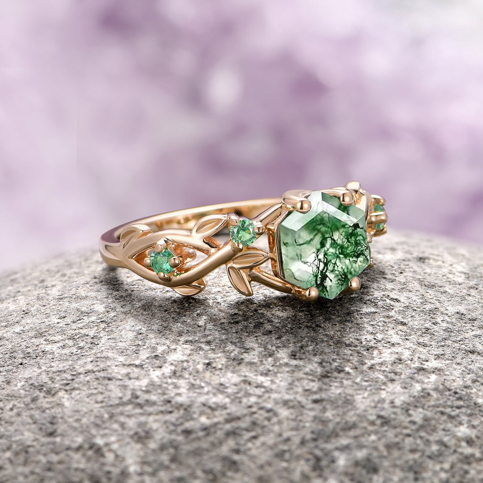 Woodland Green Moss Agate and Emerald Leaf Engagement Ring - 14K/18K Solid Yellow Gold Wedding Band for Nature-Inspired Brides, Perfect for Outdoor Proposals and Boho Chic Weddings