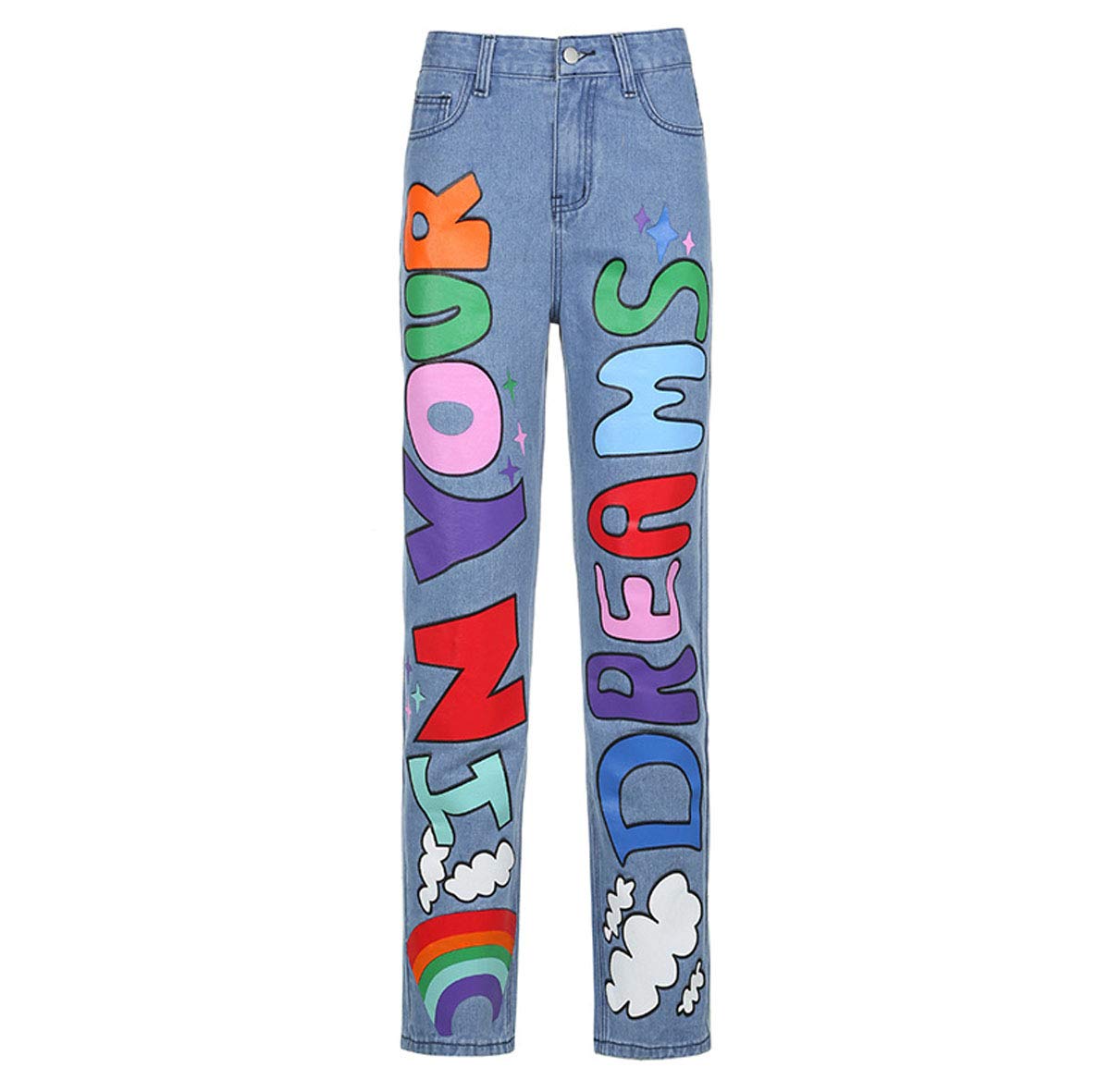 Trendy Women's Rainbow & Letters Print Straight Leg Denim Jeans - Funny Dream Design for Casual Wear, Street Style & Party Outfits