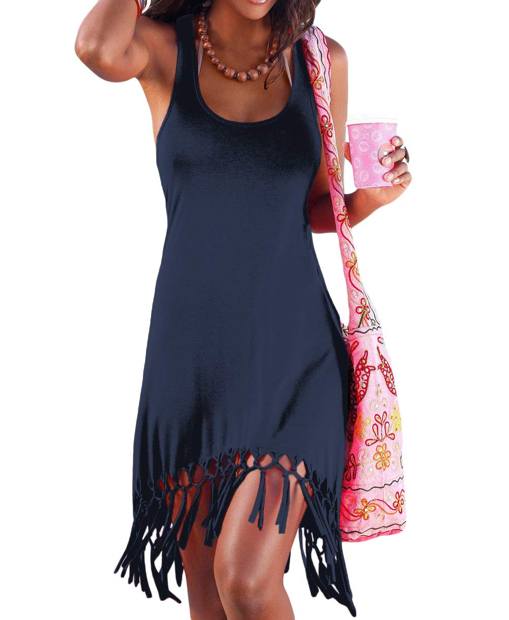 Pinziko Women's Summer Swimsuit Cover Up Dress - Beach Bathing Suit Cover with Fringe Trim - Perfect for Poolside, Vacation & Tropical Getaways