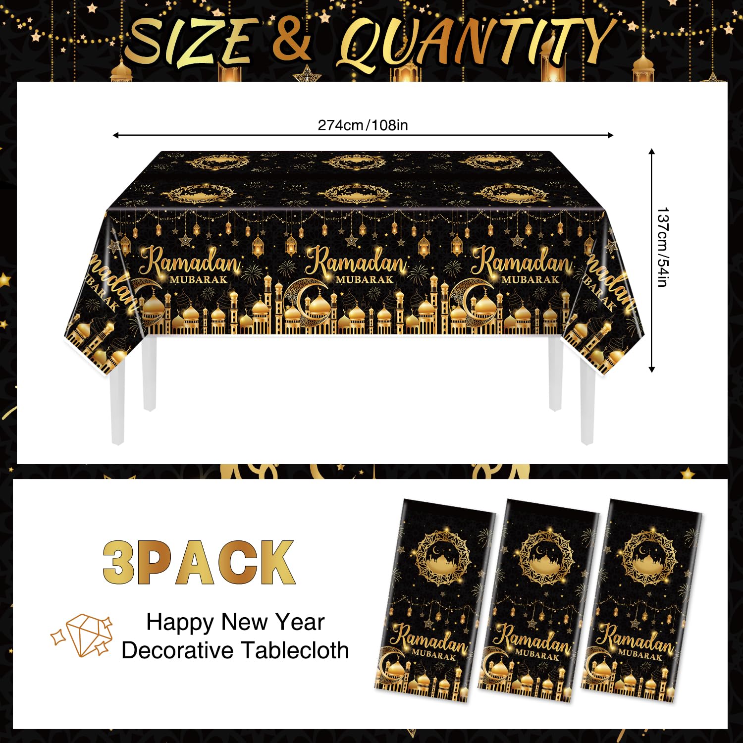 Ramadan Table Cloth Set of 3 - Elegant Ramadan Mubarak Table Decorations & Home Eid Decor - Perfect for Iftar Dinners, Family Gatherings & Holiday Celebrations