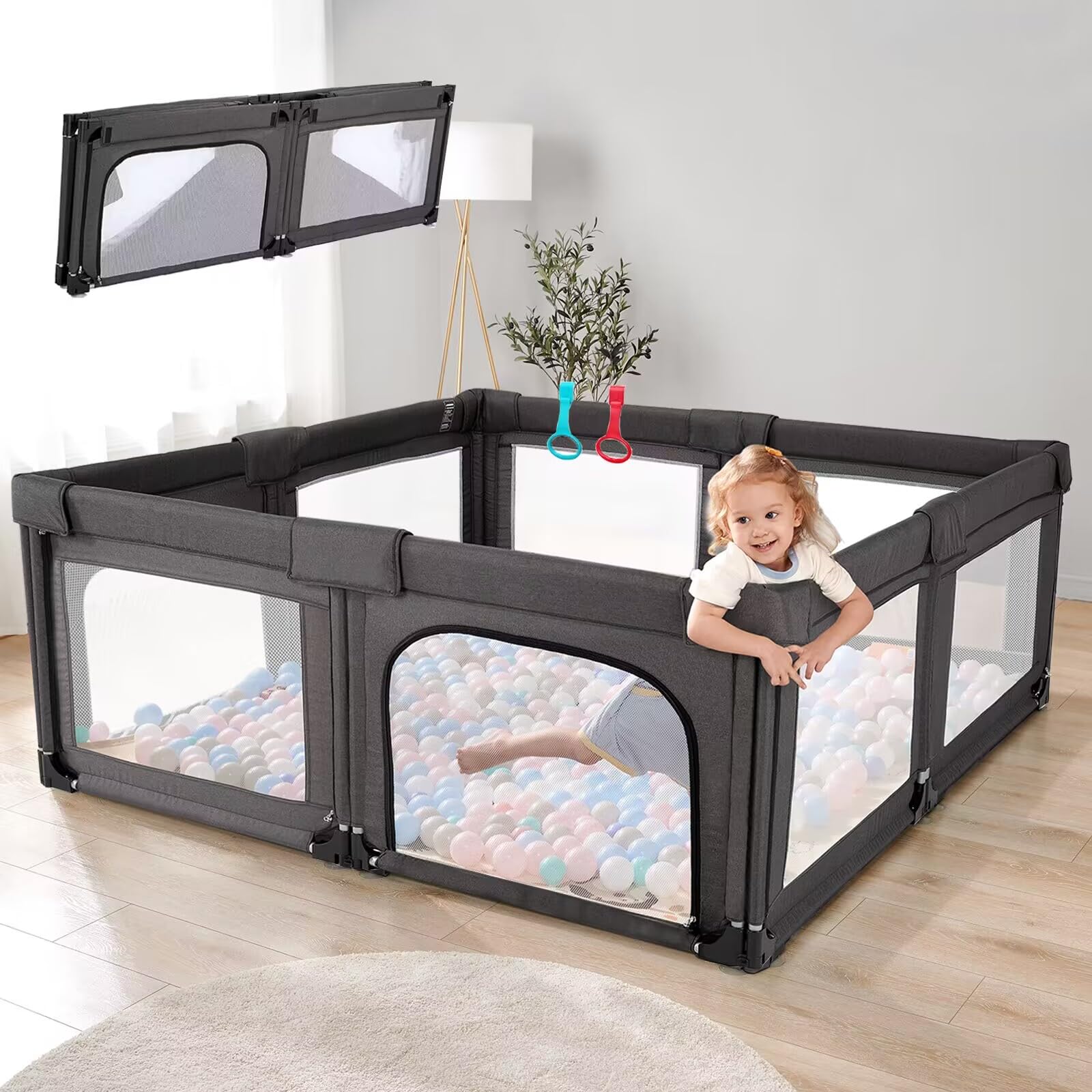 Foldable Baby Playpen with Bottom - 79x59in Large Play Yard Center, Baby Gate & Fence Play Area for Toddlers & Kids (Black) - Perfect for Indoor Playtime, Nursery Safety & Childproofing Your Home