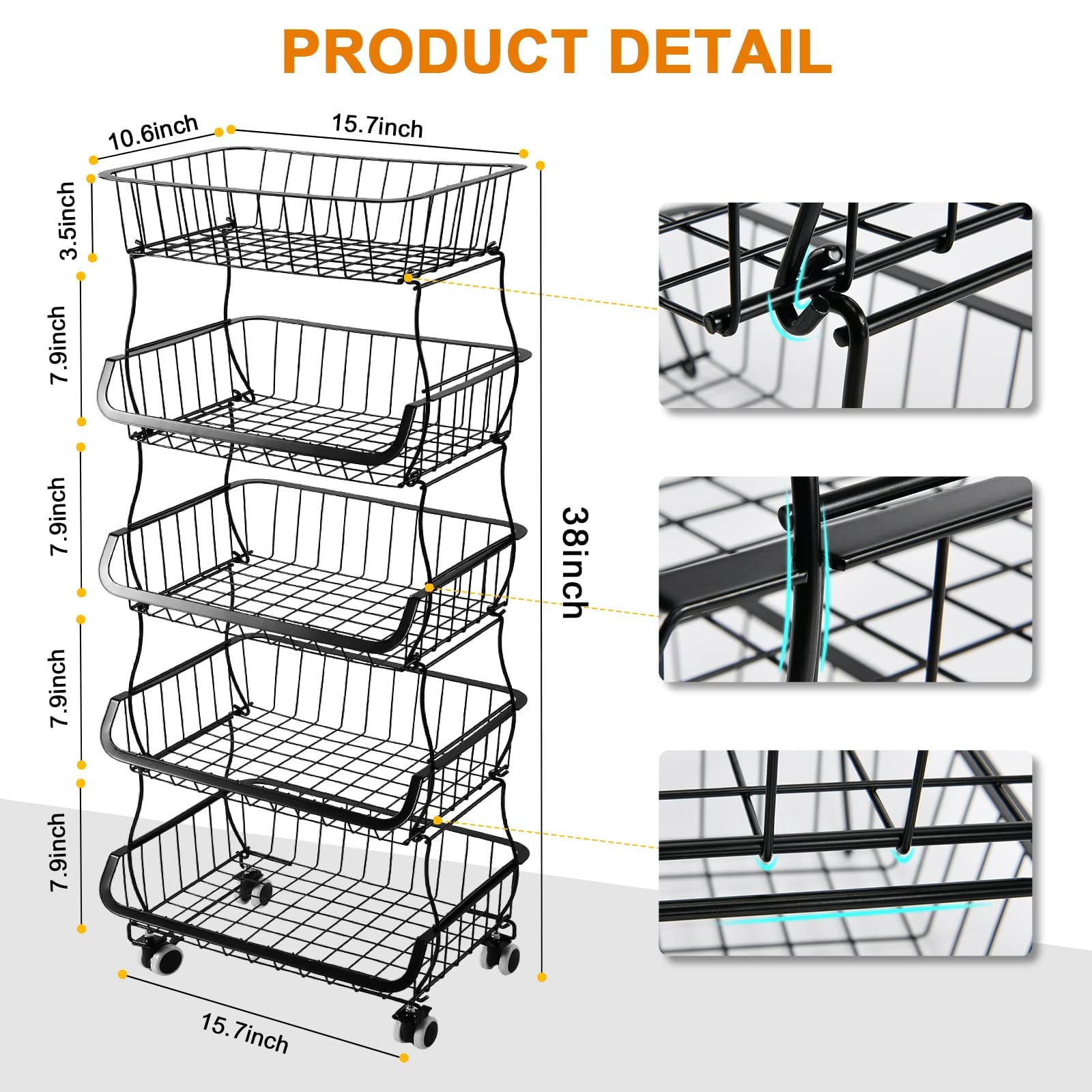 5-Tier Stackable Metal Wire Storage Basket with Wheels - Fruit & Vegetable Organizer for Kitchen, Pantry, Bathroom - Perfect for Fresh Produce Storage, Grocery Organization, and Home Decor