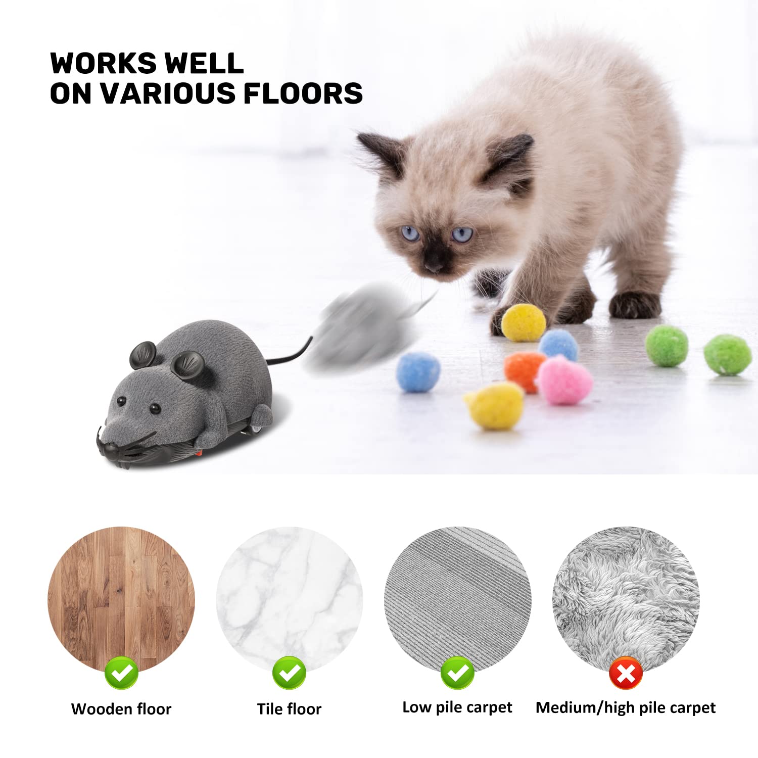 Interactive Wireless RC Mouse Cat Toy - niCWhite Electronic Moving Rat Pet Toy for Chase & Exercise, Great for Indoor Play & Stimulation (Grey)