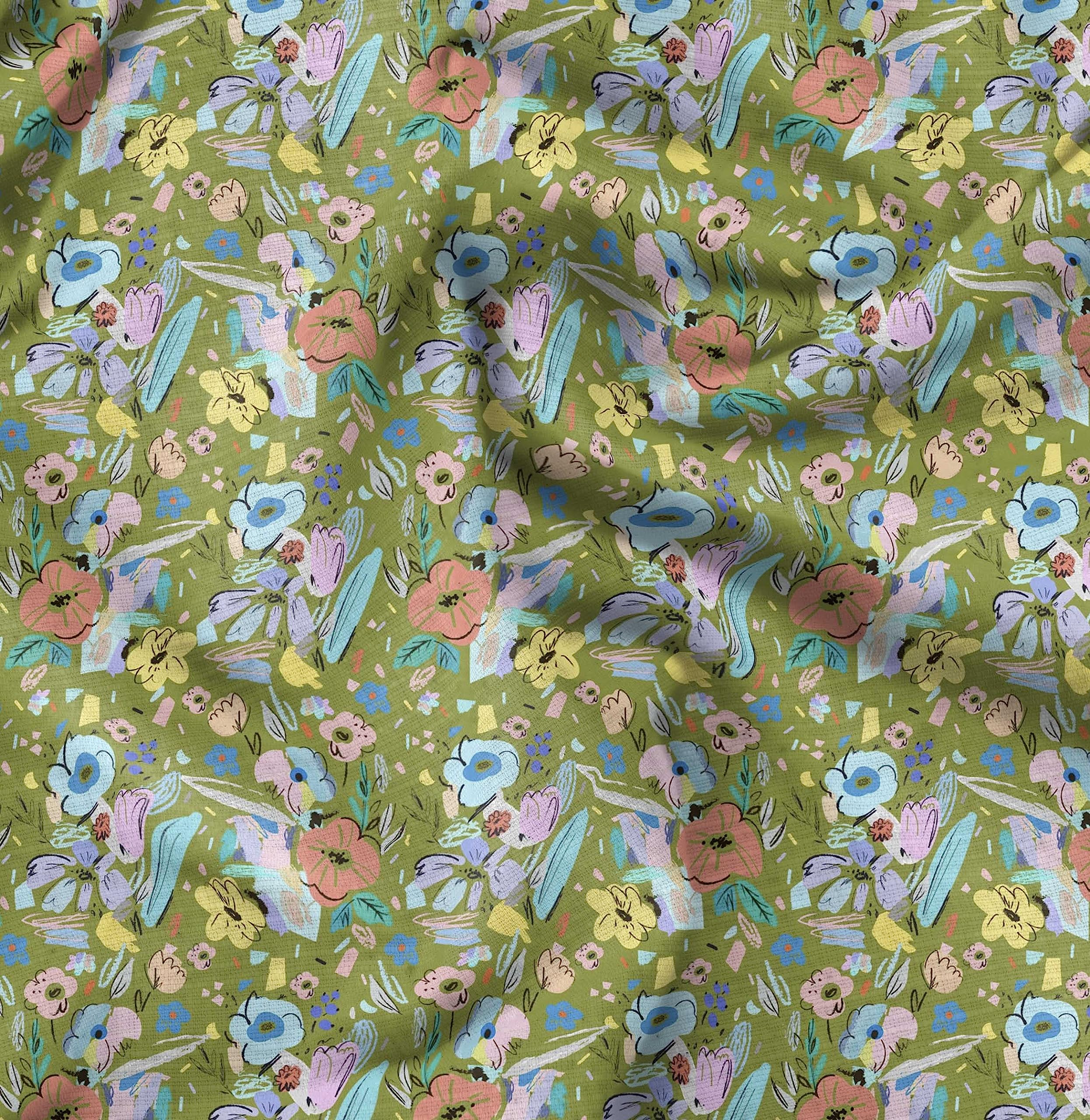 Soimoi Moss Green Georgette Fabric by The Yard - 42 Inch Wide - Artistic Leaf & Floral Printed Fabric for Dresses, Scarves & Home Decor - Elegant & Trendy DIY Sewing Projects