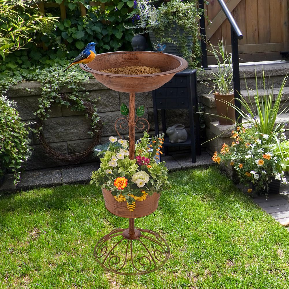 VEWOGARDEN 28 Inch Outdoor Metal Bird Bath Planter Pedestal - Decorative Garden Standing Birdbath with Flower Pot for Patio, Yard, Lawn & Backyard Decor - Attracts Birds & Enhances Outdoor Spaces