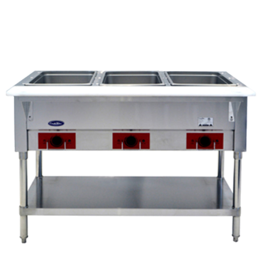 Atosa CSTEA 3C Commercial Electric Steam Table with 3 Stainless Steel Pans, Undershelf & Cutting Board - 120V for Buffets, Catering & Restaurant Food Warming
