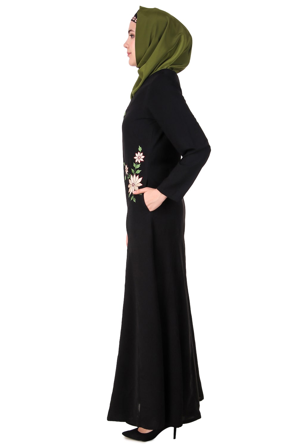 Elegant Floral Embroidered Nida Flared Abaya Dress for Women - Perfect for Eid, Ramadan, and Special Occasions