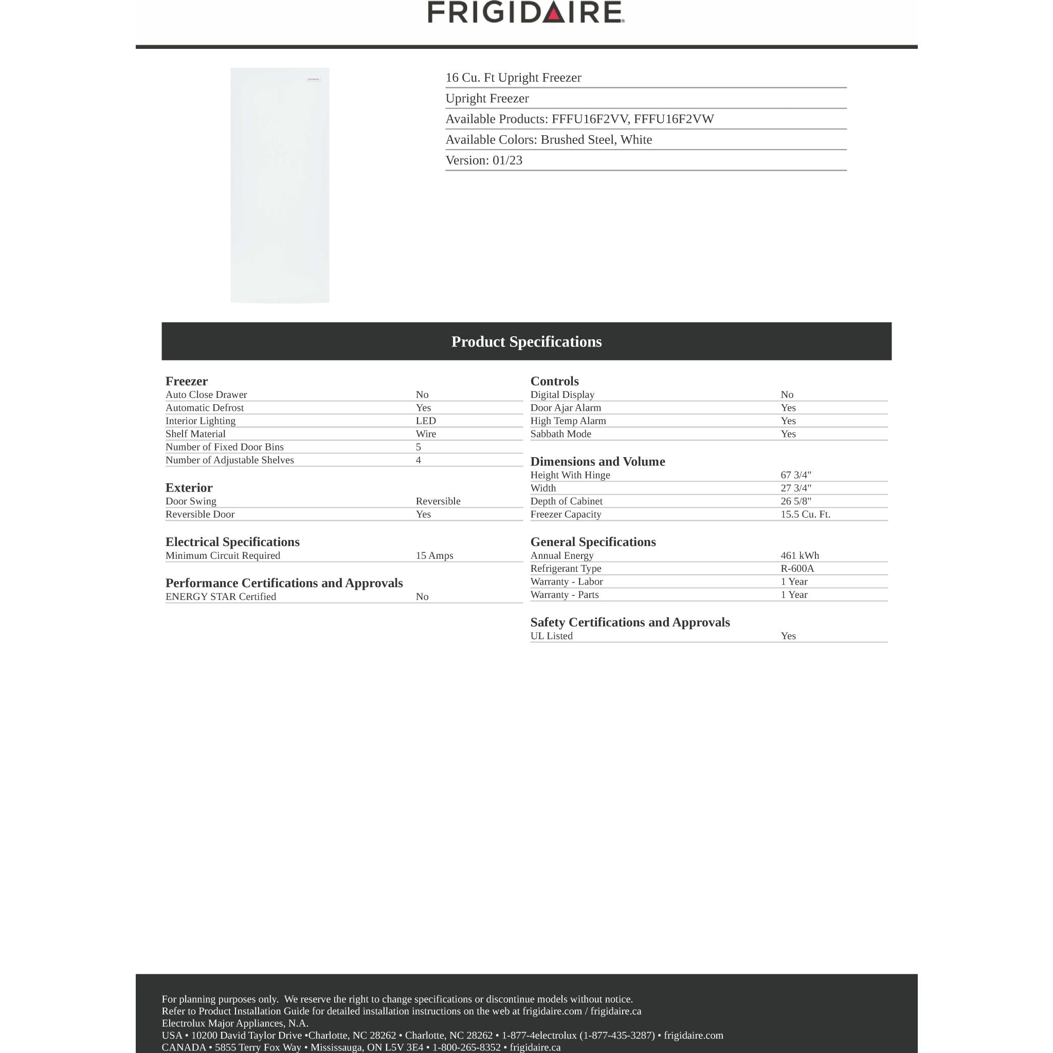 Frigidaire FFFU16F2VV 16.3 Cu. Ft. Upright Freezer - Stainless Steel | Energy Efficient Deep Freezer for Home, Garage & Commercial Use | Large Capacity Food Storage for Meat, Vegetables & Frozen Goods