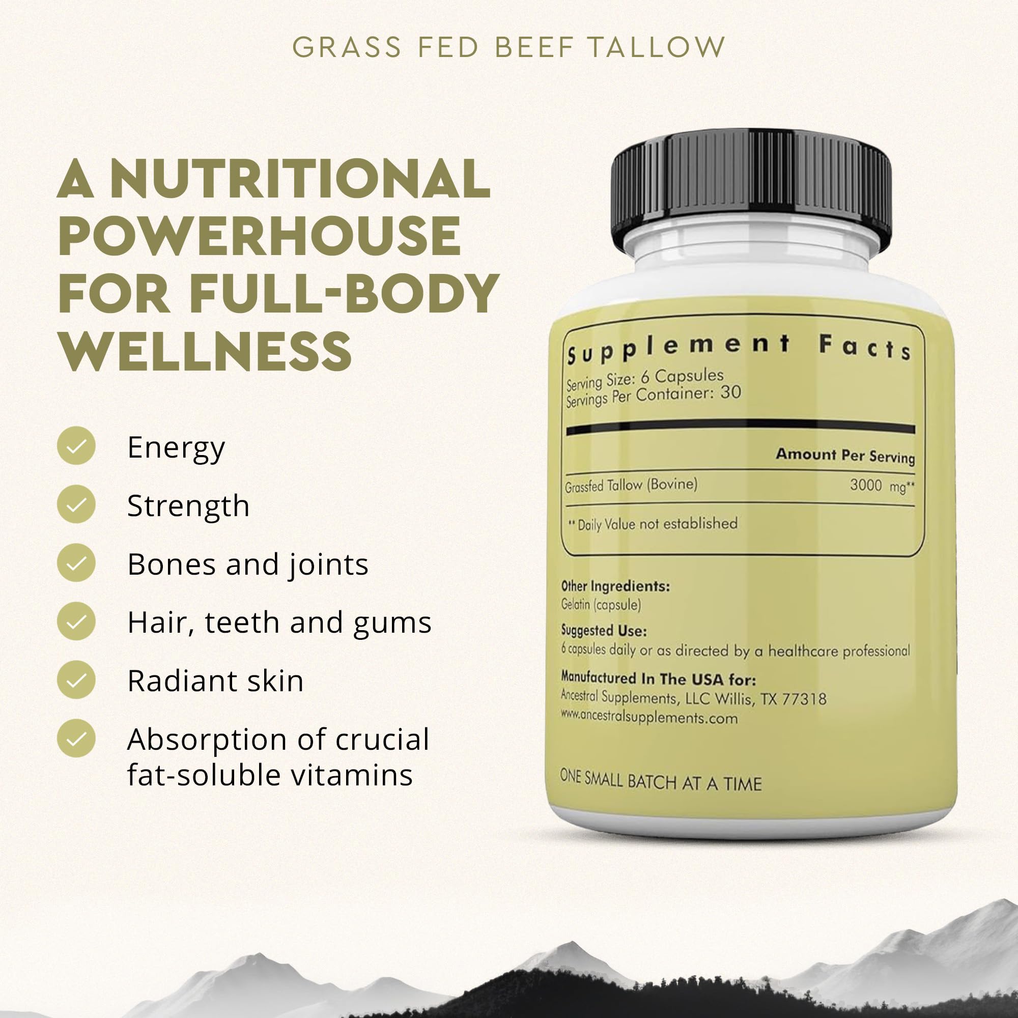 Ancestral Supplements Grass Fed Beef Tallow Capsules 3000mg - Natural Kidney Fat Supplement for Bone, Teeth, Gum & Skin Health - Supports Immune System & Overall Wellness - Non-GMO, 180 Capsules - Ideal for Keto, Paleo & Ancestral Diet Lovers