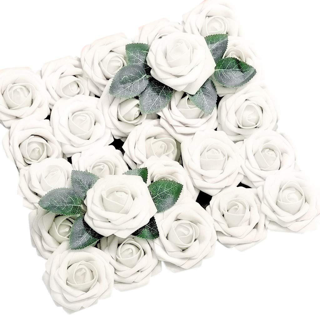 AKIMPE 50-Piece Artificial White Fake Flowers with Long Stems - Faux Greenery Vine for DIY Wedding, Party, Home, Birthday & Garden Decor - Preserved Forever Petals for Women's Gift Ideas - Perfect for Centerpieces, Bouquets, and Table Arrangements