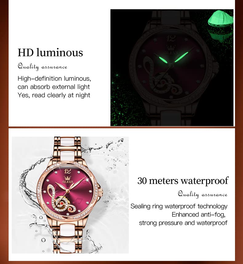 OLEVS Women's Automatic Self-Winding Watch - Red Face Rose Gold Mechanical Diamond Dress Watch for Women, Waterproof & Battery-Free - Perfect for Office, Party & Special Occasions