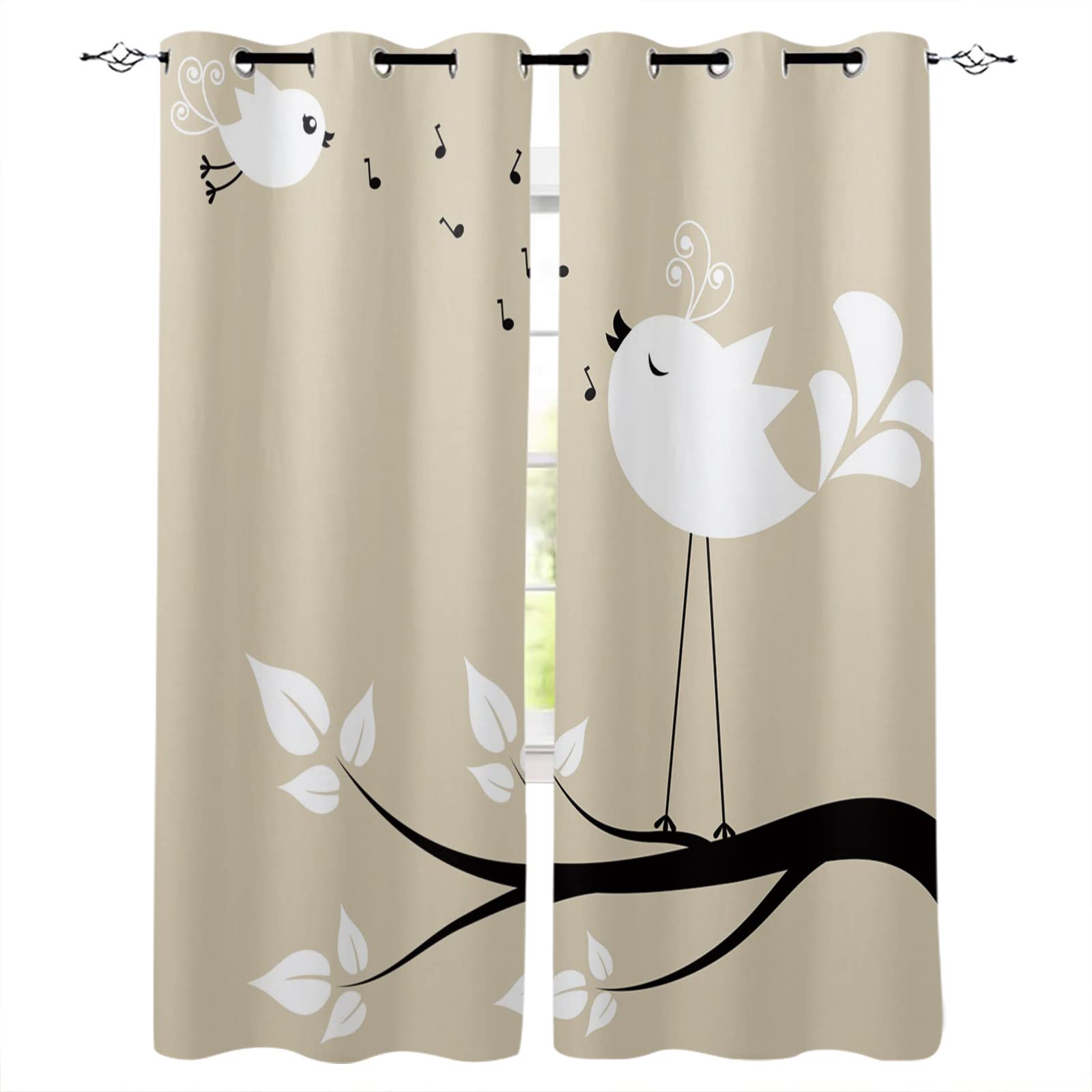 3D Printed Simple Tree Branch Bird Musical Note Blackout Window Curtains - 2 Panels Darkening Drapes with Top Grommet, 108