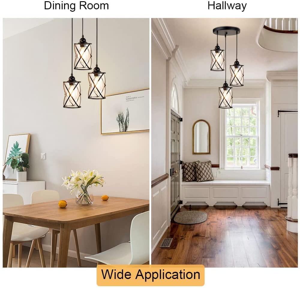 Vintage Industrial 3-Light Pendant Chandelier - Black Metal Cage Hanging Light with Glass Shade, Flush Mount Swag Lighting Fixture for Kitchen, Dining Room, Hallway, Bedroom | Perfect for Farmhouse, Loft & Industrial Decor