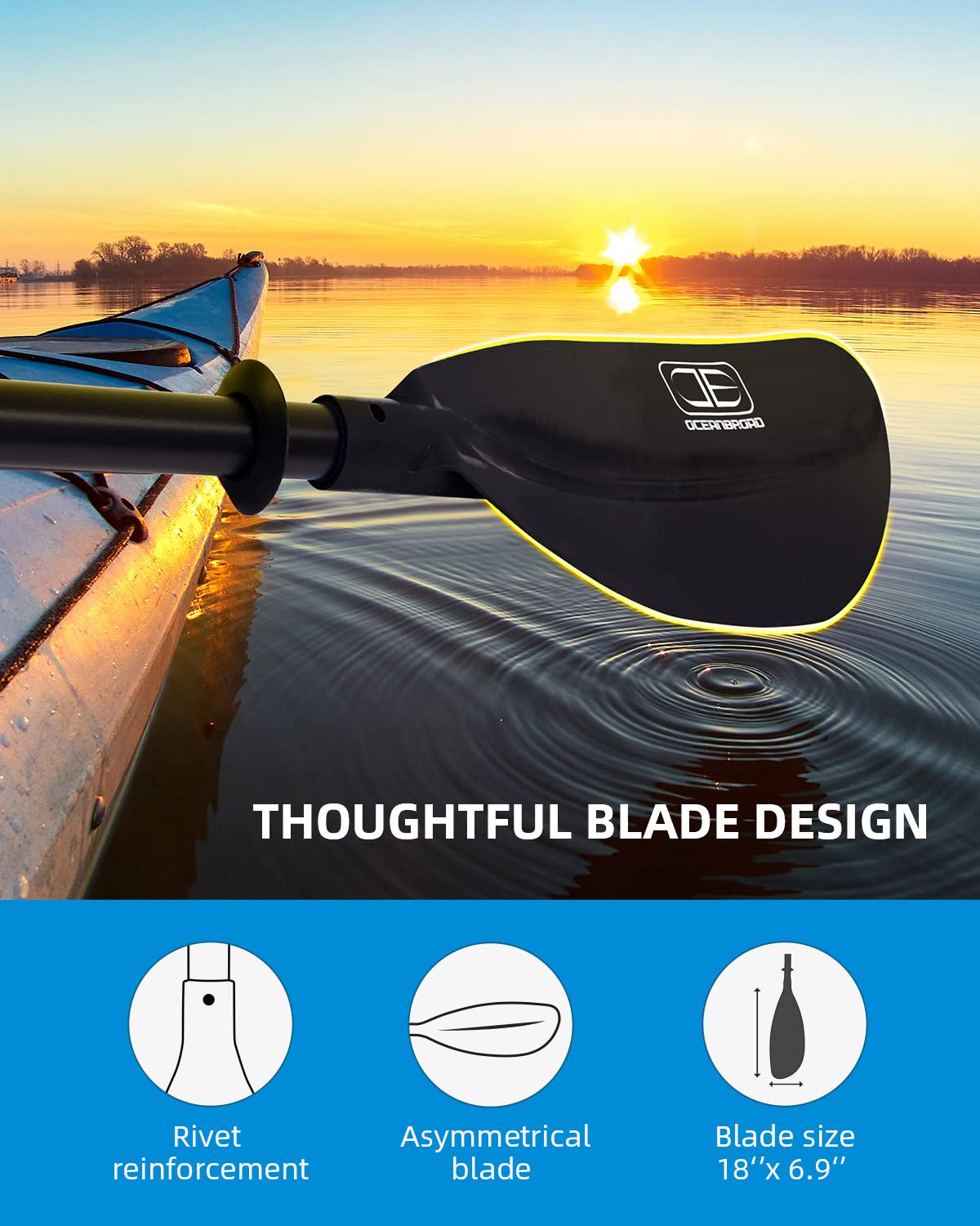 OCEANBROAD Adjustable Kayak Paddle 86-94 inches (220-240cm) - Lightweight Aluminum Shaft with Ergonomic Grip & Paddle Leash - Perfect for Kayaking, Canoeing, and Boating Adventures on Lakes, Rivers, and Coastal Waters