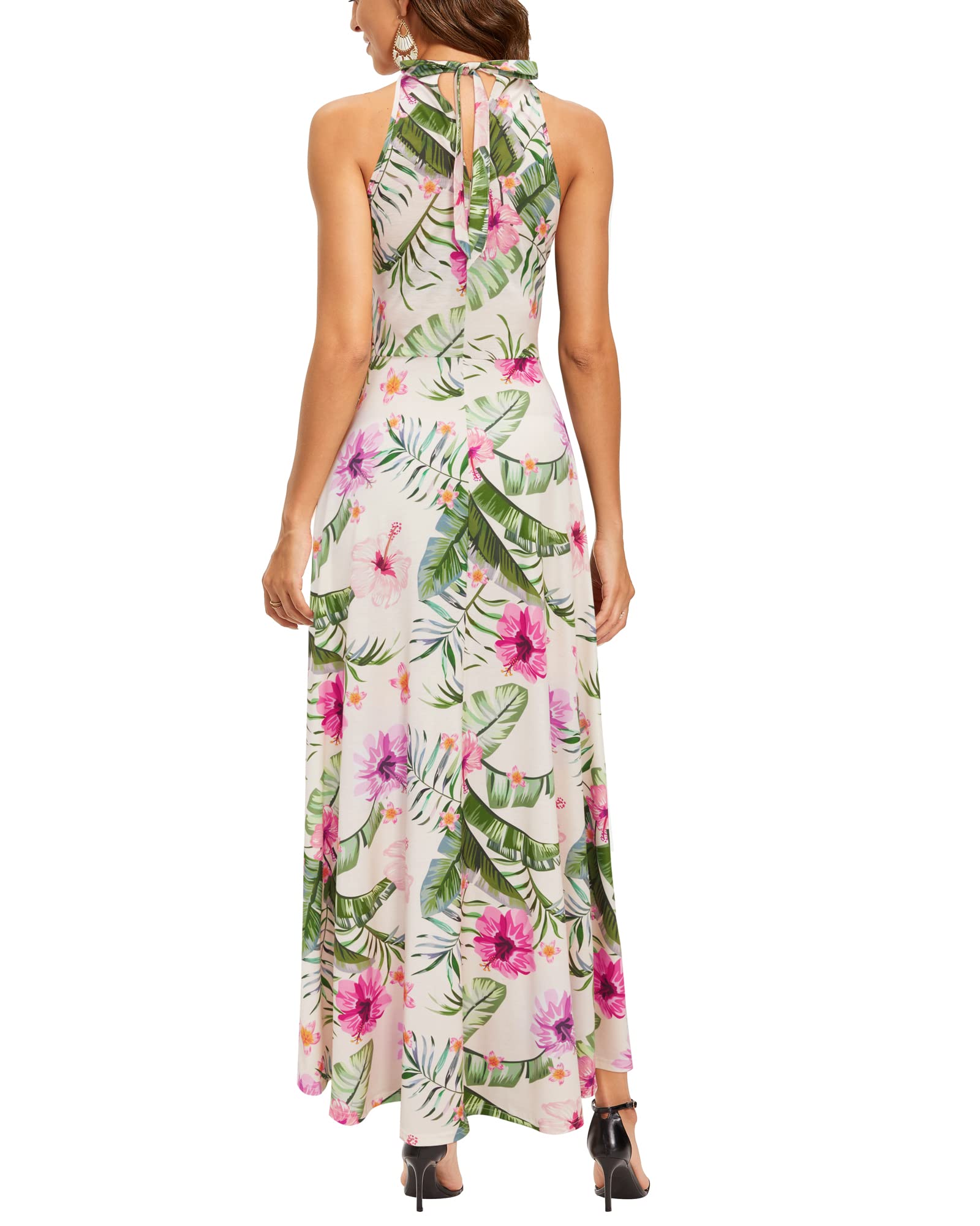 STYLEWORD Women's Summer 2025 Floral Maxi Dress - Halter Neck Elegant Long Formal Dress for Wedding Guest, Beach Party & Special Occasions