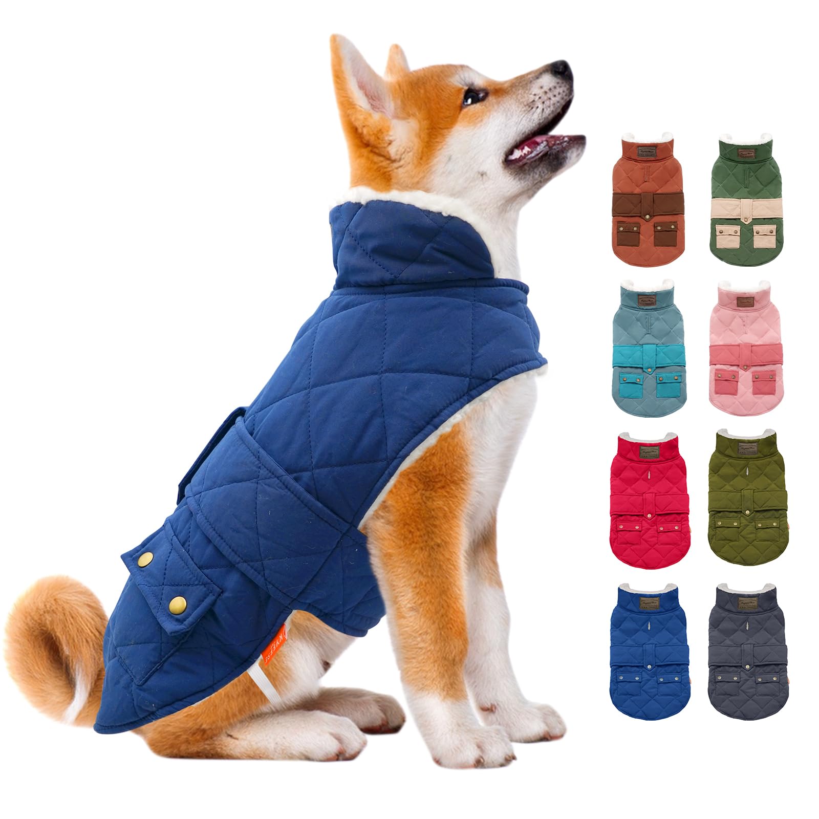 KYEESE Winter Dog Coat - Windproof Padded Sherpa Jacket with Furry Collar for Small Dogs | Warm Cozy Dog Clothes for Cold Weather | Perfect for Outdoor Walks, Winter Adventures & Daily Wear (Blue, Medium)