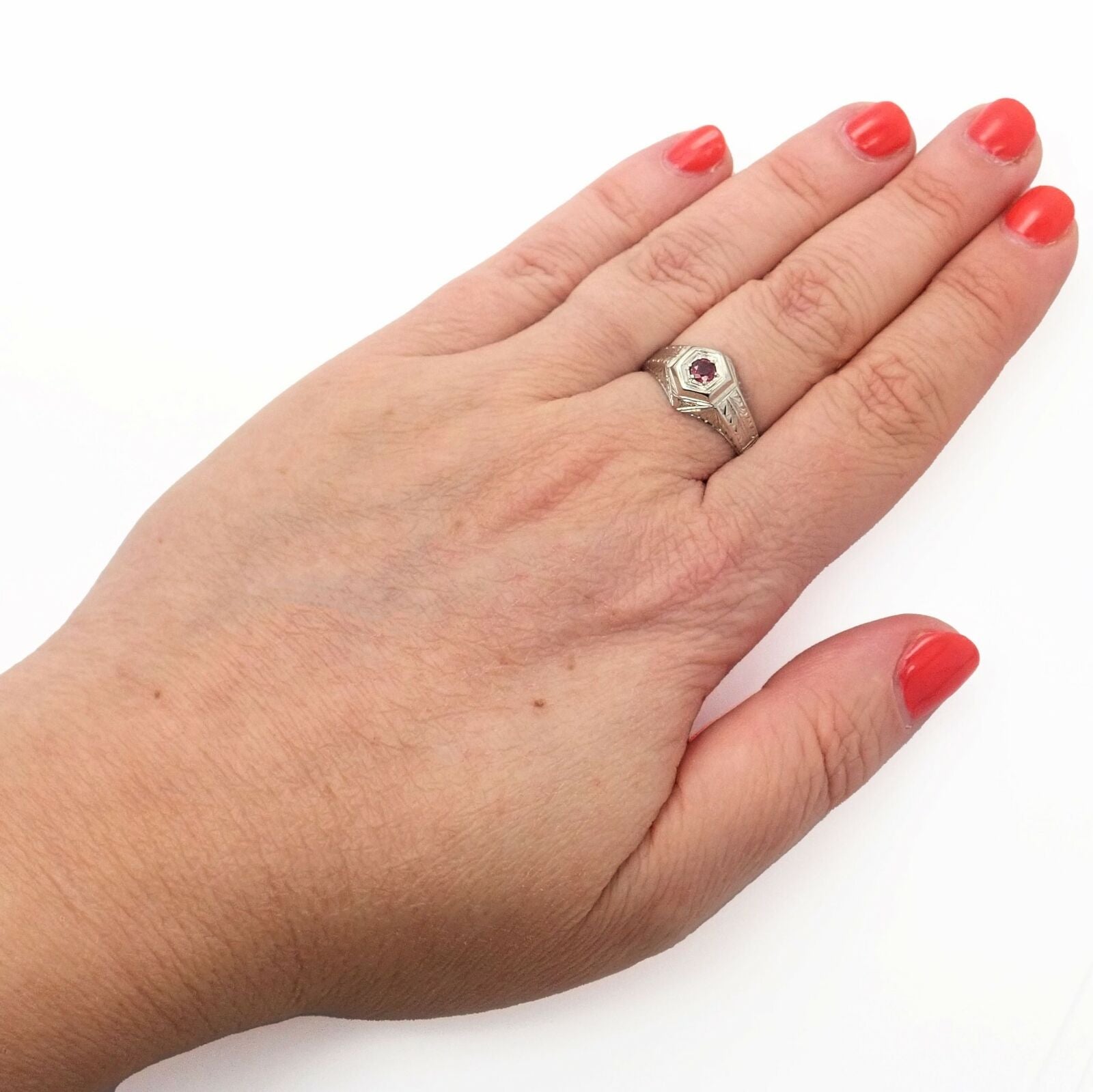 Vintage 18K White Gold Ruby Art Deco Ring - Elegant Antique Jewelry for Women, Perfect for Weddings, Anniversaries & Special Occasions