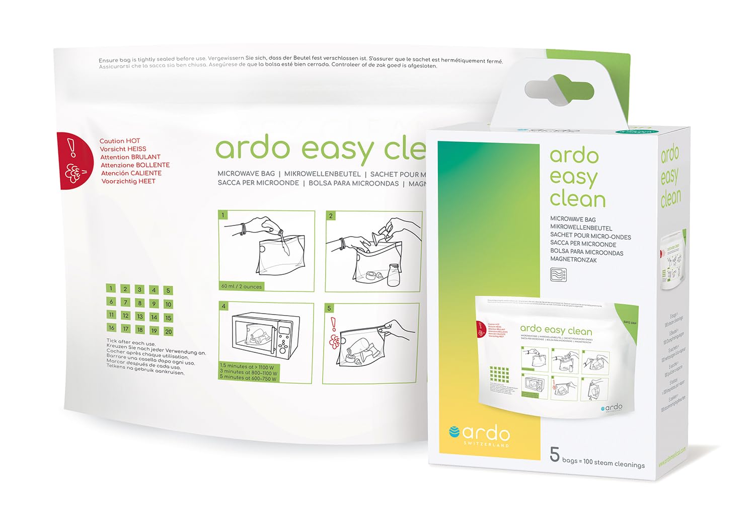 Ardo Easy Clean Microwave Steam Sterilizer Bags - 5 Reusable Bags for Breast Pump Parts & Baby Bottles (100 Sterilization Cycles) | Perfect for Travel, Daycare & Quick Sanitizing at Home