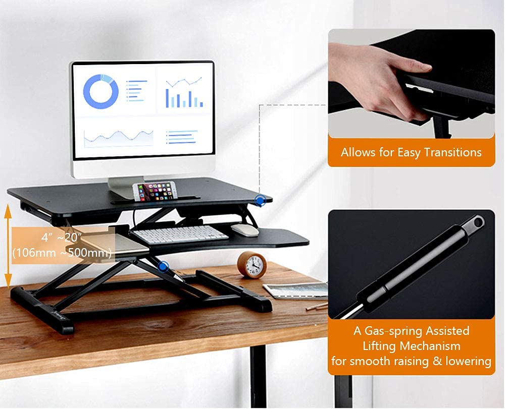 PrimeCables 31.5-inch Height Adjustable Standing Desk Converter with Removable Keyboard Tray - Ergonomic Monitor Riser with Notebook Slot for Home Office & Workspace - Perfect for Remote Work, Gaming Setup and Computer Workstations