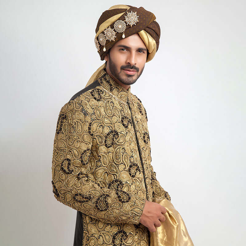 Luxury Black & Gold Pure Jamavar Silk Sherwani for Men | Handcrafted Indian Wedding Attire | Perfect for Groom Outfits, Festive Occasions & Cultural Celebrations