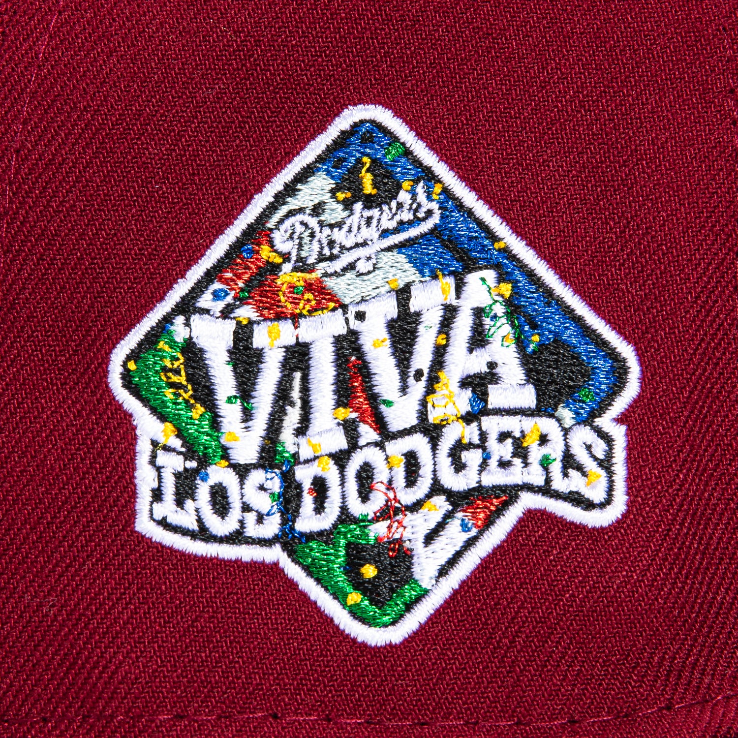New Era 59Fifty Los Angeles Dodgers Viva Los Dodgers Patch Script Baseball Cap - Cardinal & Black - Official MLB Licensed Hat for Baseball Games & Streetwear Fashion
