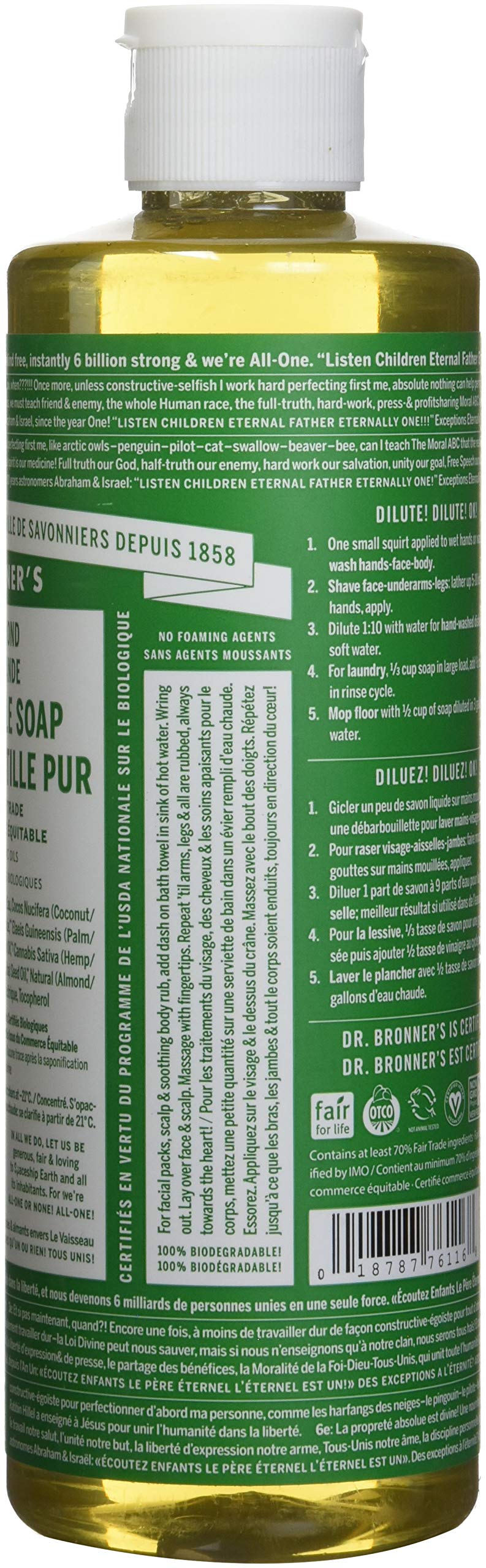 Dr. Bronner's Organic 18-in-1 Hemp Almond Pure-Castile Liquid Soap - 16oz (1 Pound) - Vegan, Cruelty-Free, Multipurpose Soap for Body, Face, Hair & Household Cleaning - Pack of 1 | Perfect for Shower, Bath, Travel & Eco-Friendly Home Use