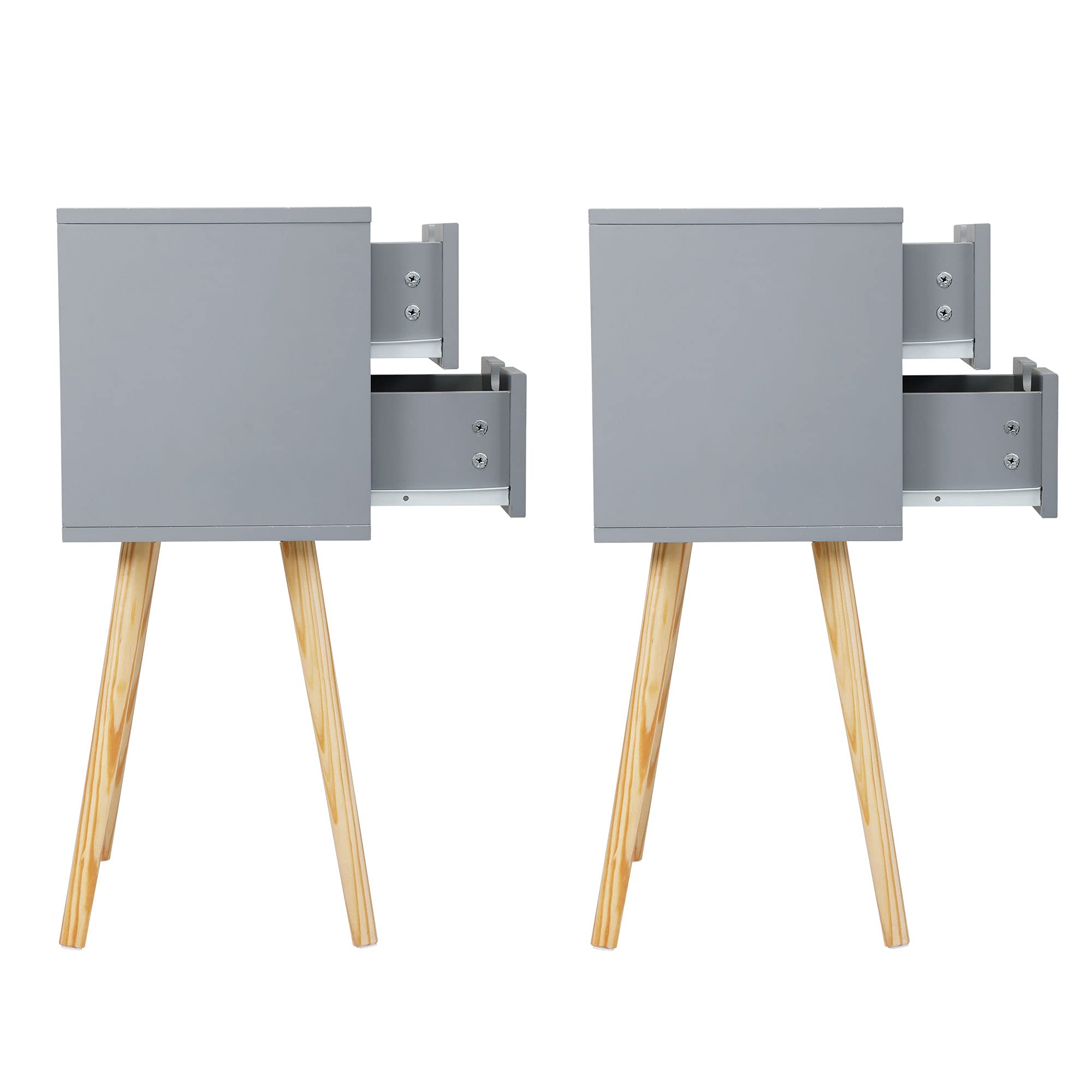 Mid-Century Modern Nightstand Set of 2 - Wooden Bedside Table with 2 Drawers, Grey End Table for Bedroom, Living Room & Office - Perfect for Small Spaces & Apartment Decor