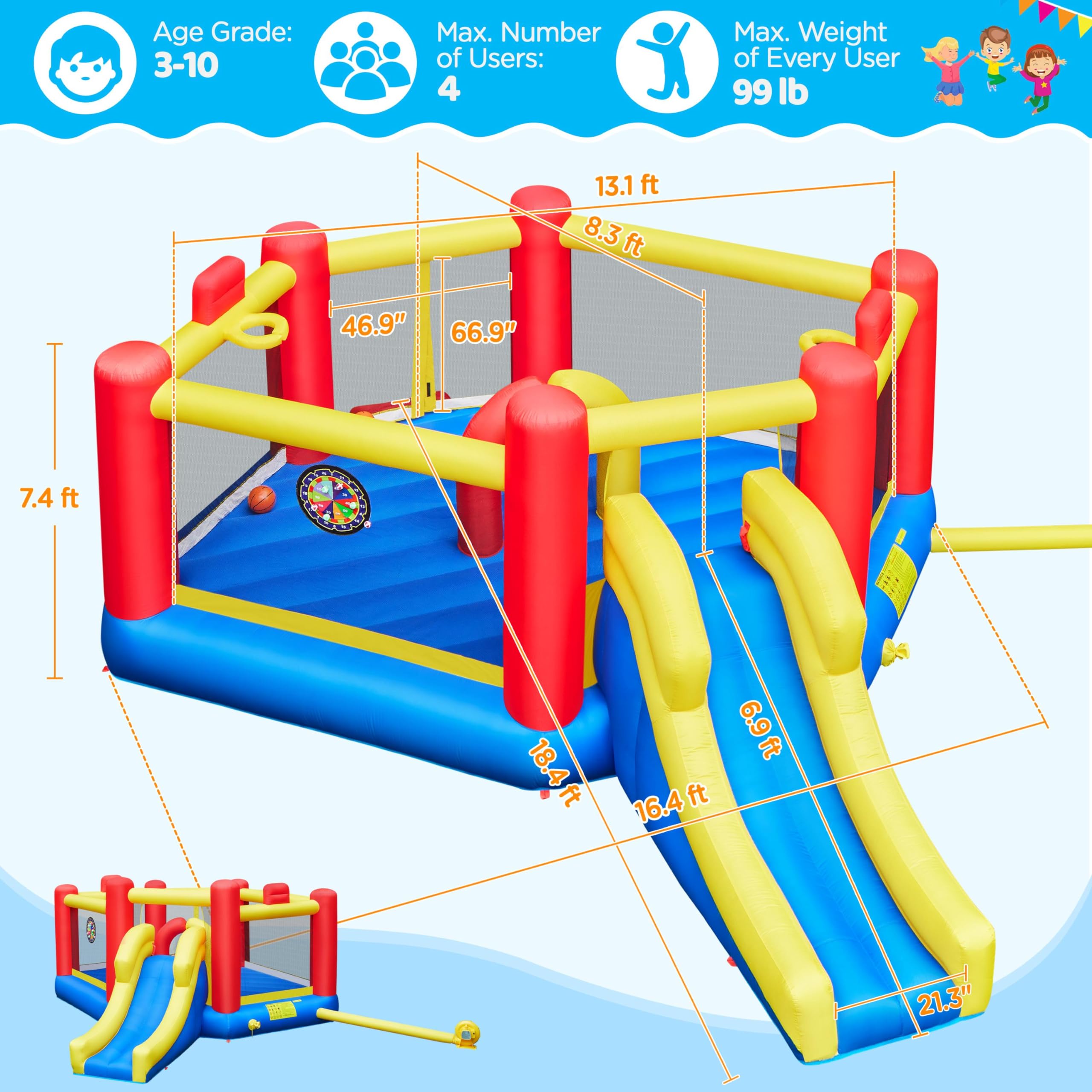 Yaheetech 7-in-1 Oversized Inflatable Bounce House for Kids Ages 3-10 - Jump Castle with Obstacle Course, Slide, Basketball Hoop & Dart Game - Includes 520W Blower & Storage Bag - Perfect for Birthday Parties, Backyard Fun & Outdoor Play