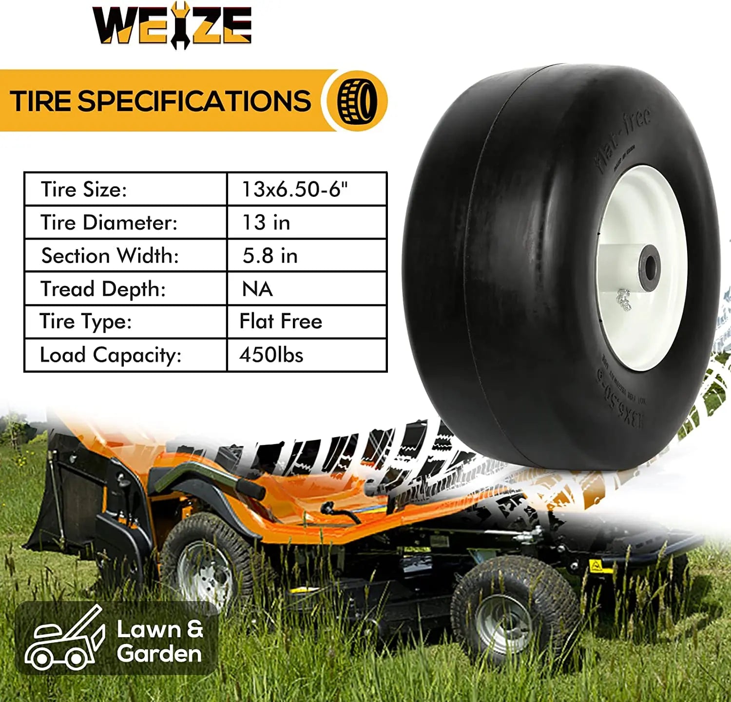 13x6.50-6 Flat Free Lawn Mower Tires with Rim - 5.5