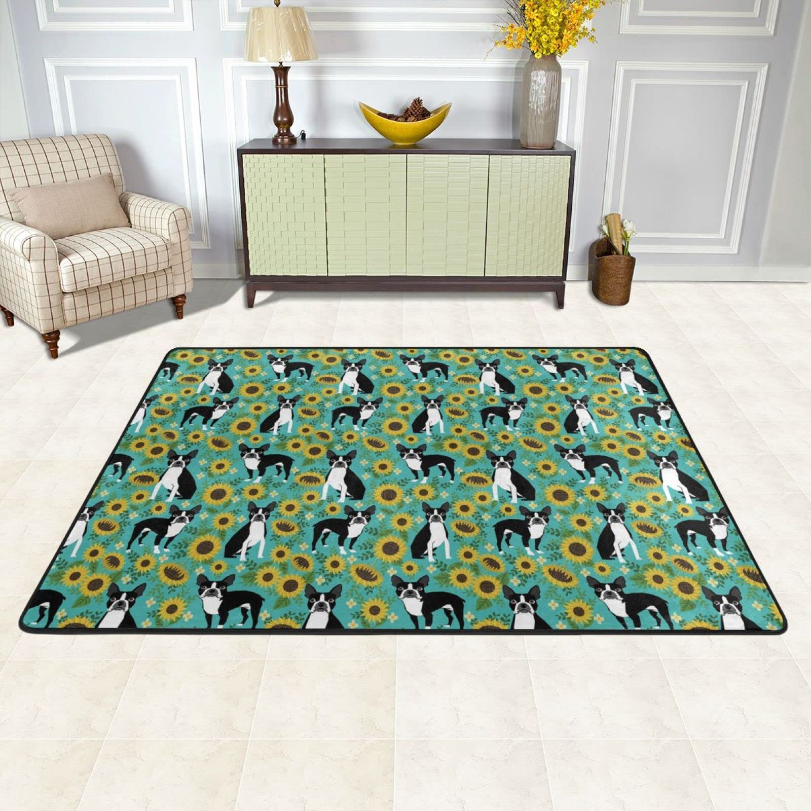 Soft Fluffy Cute Puppy Area Rug with Sunflower Design - Machine Washable, Breathable & Durable 5x6ft - Perfect for Living Room, Bedroom, Office, Dining Room & Kids' Rooms