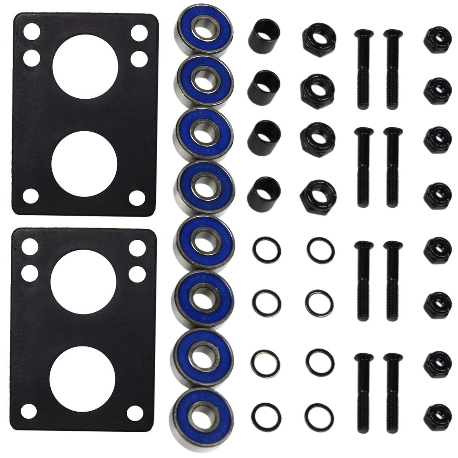 Premium Skateboard & Longboard Hardware Kit - High-Speed Precision Bearings, Shock Pads, Mounting Bolts, Axle Nuts, Spacers & Washers - Complete Maintenance Set for Street & Park Riding