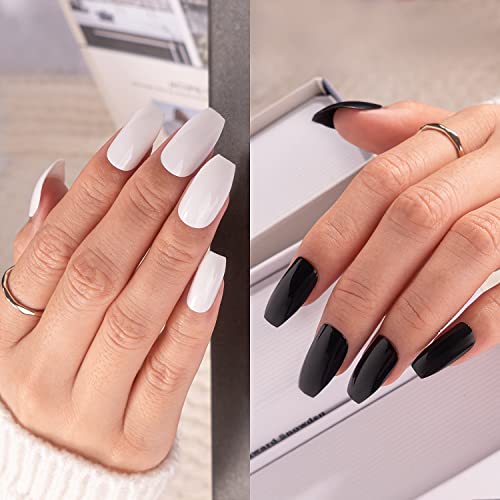 Vamony 56Pcs Black & White Press On Nails Short - Glossy Coffin Fake Nails Kit with Prep Pad, Nail File & Cuticle Stick - Easy to Apply False Nails for Women & Girls - Perfect for Christmas Gifts, Parties & Daily Wear