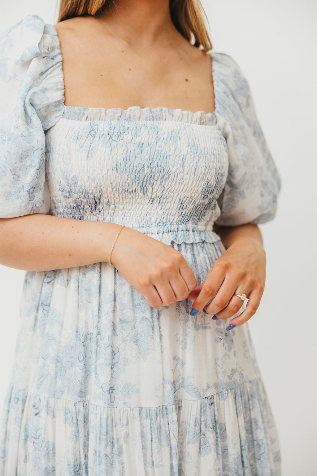 Elena Floral Print Smocked Midi Dress in Blue - Bump Friendly Maternity Dress & Inclusive Sizing for Women - Perfect for Baby Showers, Bridal Events & Summer Weddings