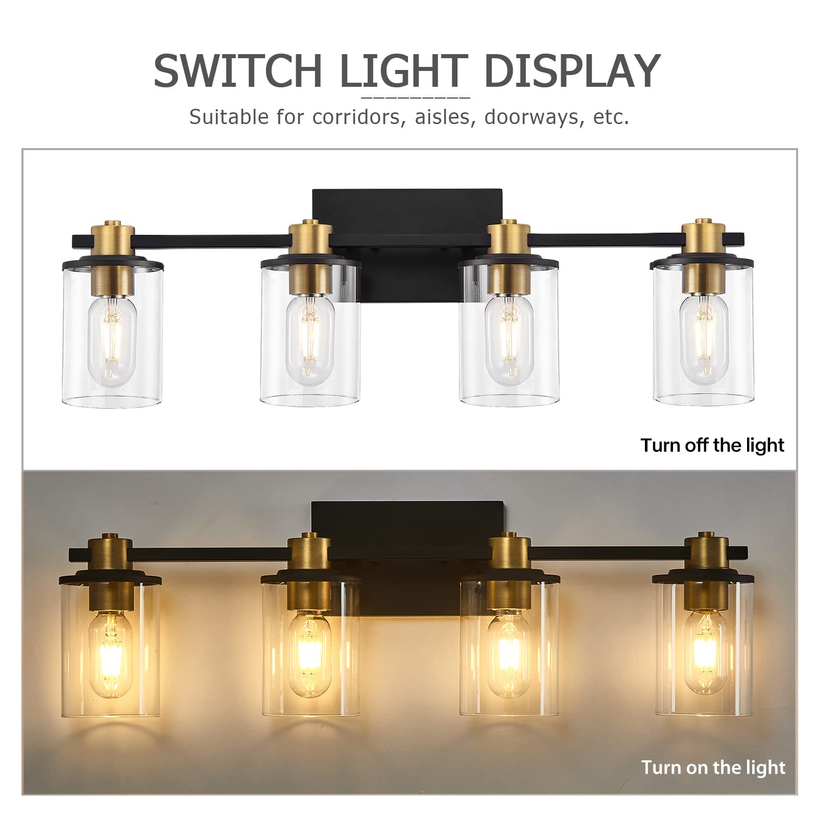 Stambord 4-Light Black and Gold Bathroom Vanity Light Fixture with Clear Glass Shade - Modern Wall Sconce Lighting for Bathroom, Bedroom, Hallway - Perfect for Vanity Mirror Lighting and Home Décor