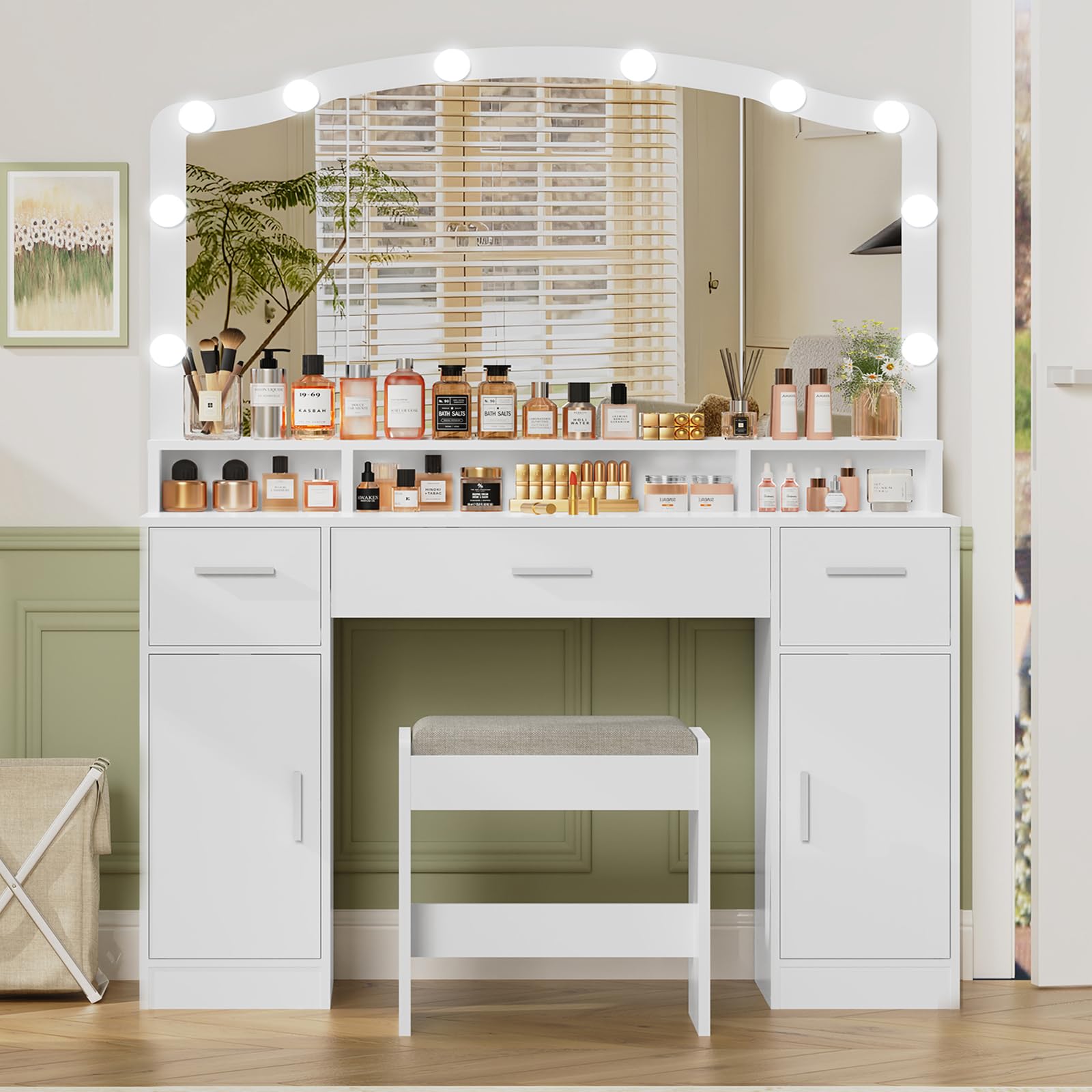 USIKEY White Makeup Vanity with Lights - 10 LED Dressing Table with 3 Drawers, 2 Cabinets & Storage Shelf, Includes Stool - Perfect for Women & Girls Bedroom, Beauty Salon or Dressing Room