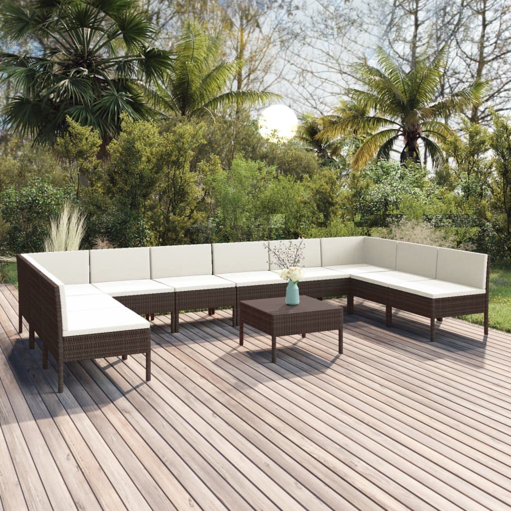 11-Piece All-Weather Brown PE Wicker Outdoor Patio Furniture Set - Sectional Sofa with Coffee Table & Cushions, Durable Poly Rattan for Garden, Deck, Poolside or Backyard Relaxation