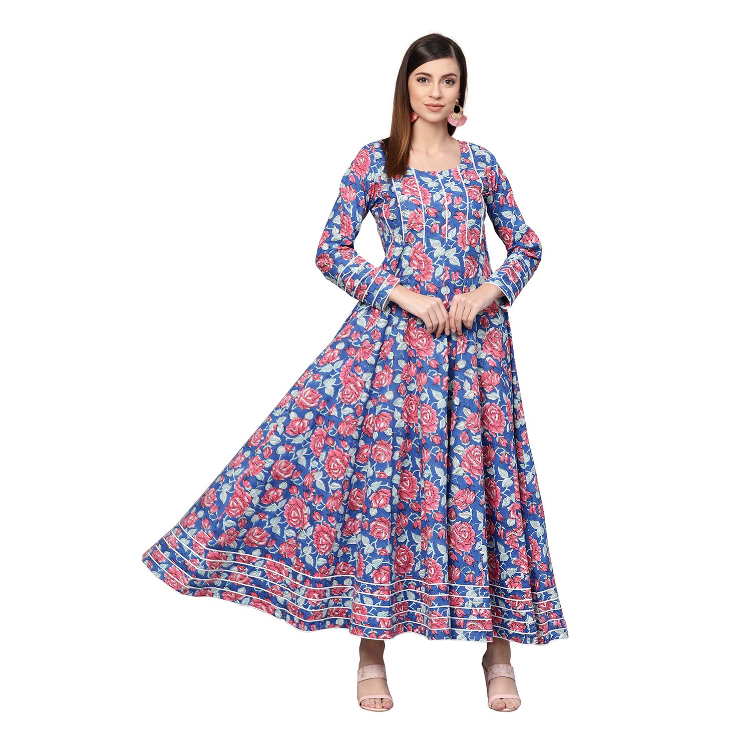 Royal Blue Hand Block Floral Print Cotton Anarkali Dress for Women | Elegant Indian Party Wear & Festive Occasion Outfit