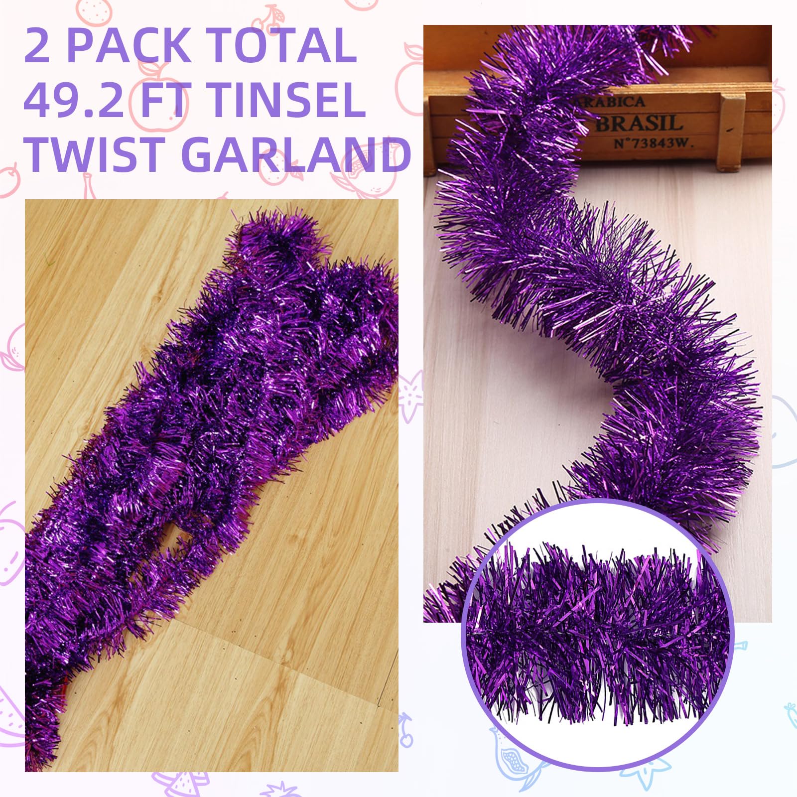 50 Feet Purple Tinsel Garland - Metallic Christmas Tree Decorations, Shiny Foil Tinsel Streamers for Holiday Party, Birthday, Xmas, Wall Hanging & Home Decor - 3.54
