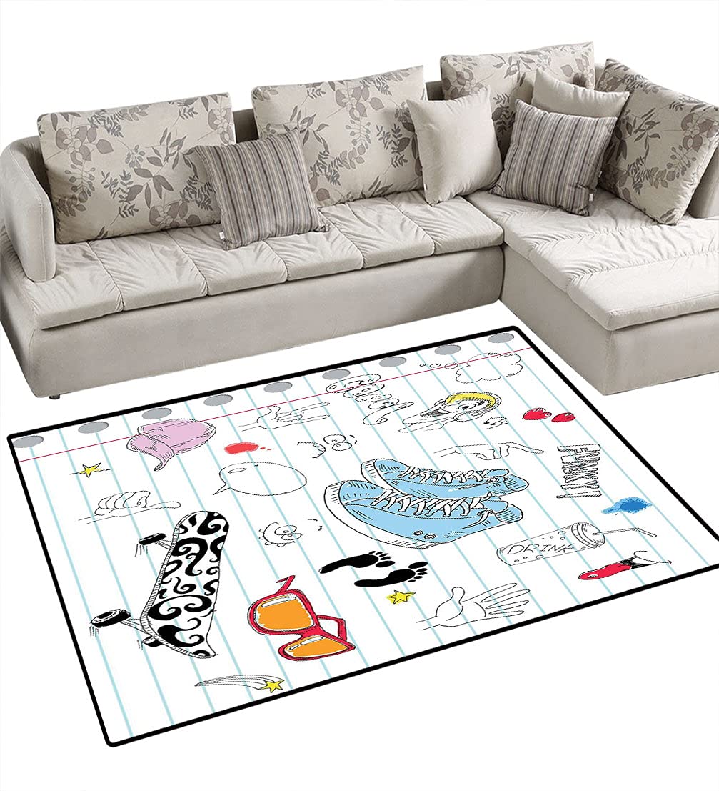 Funky Doodle Area Rugs - Notebook Design with Skateboard & Shooting Star Prints - 6'6